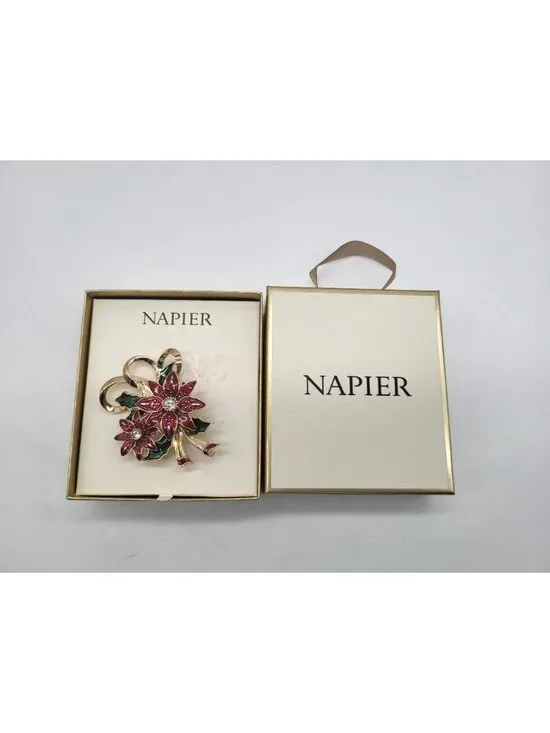 Napier Poinsettas Enamel Rhinestone Gold Tone Brooch Pin Holiday Christmas - Picture 2 of 6